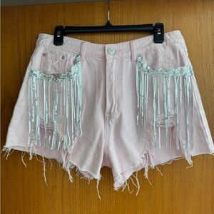 Blue Buttercup Pink Fringed Distressed Cowboy Denim Shorts Brand new with tags